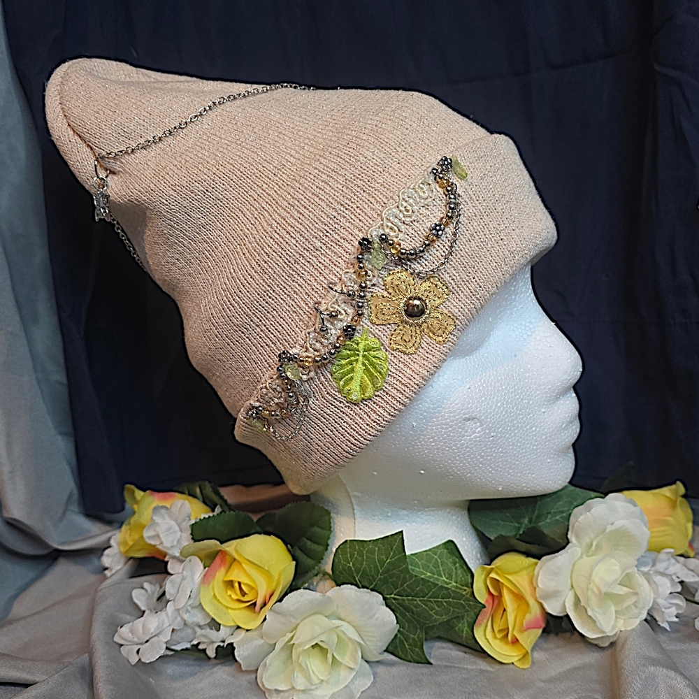 Light Pink Beanie With Floral Accents